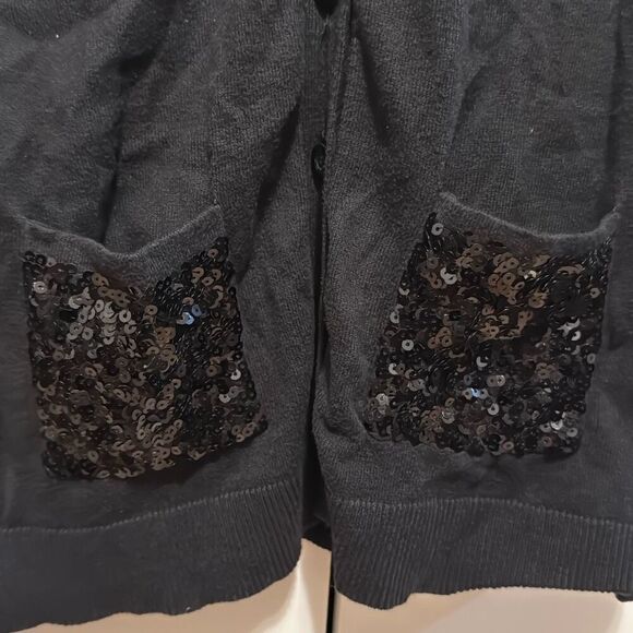 Ann Taylor LOFT sequin pocket cardigan long sleeve large petite black 100% cotto - Picture 2 of 9
